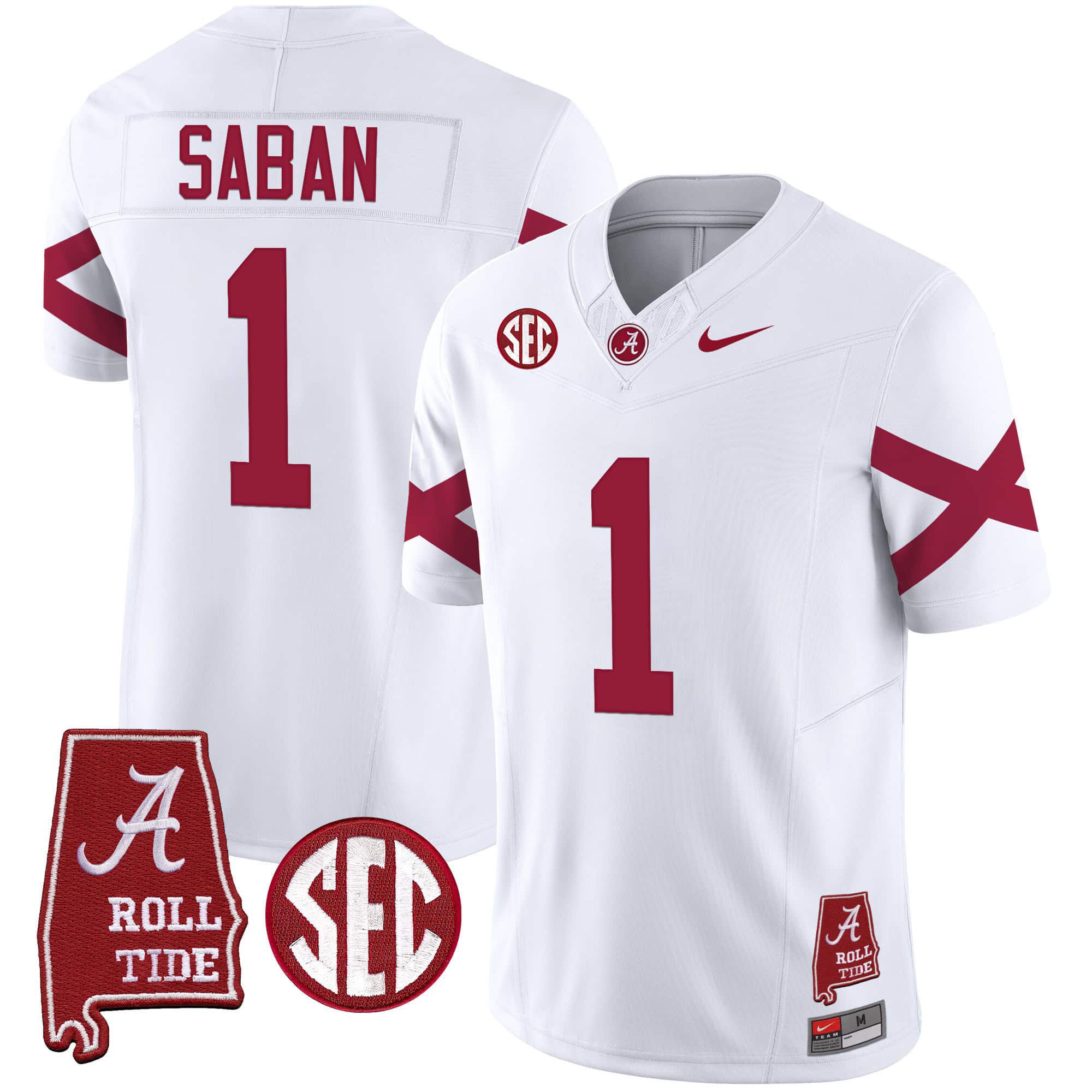 Men Alabama Crimson Tide #1 Saban White Map Vapor Limited 2024 Nike NCAA Jersey